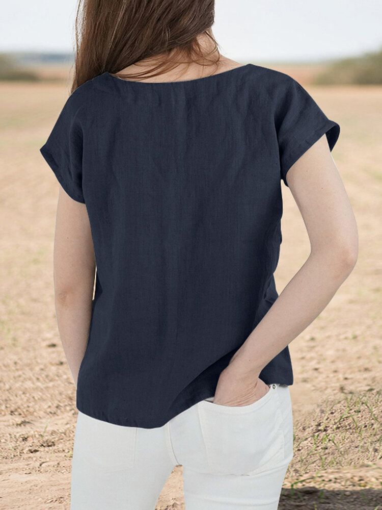 Cotton V Neck Short Sleeve Casual Blouse-Navy