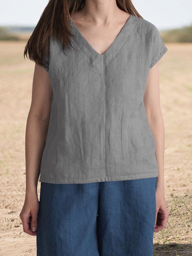 Cotton V Neck Short Sleeve Casual Blouse-Navy