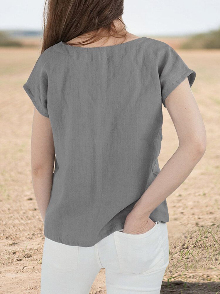 Cotton V Neck Short Sleeve Casual Blouse-Navy