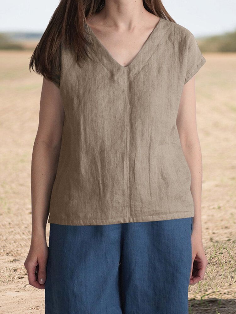 Cotton V Neck Short Sleeve Casual Blouse-Navy