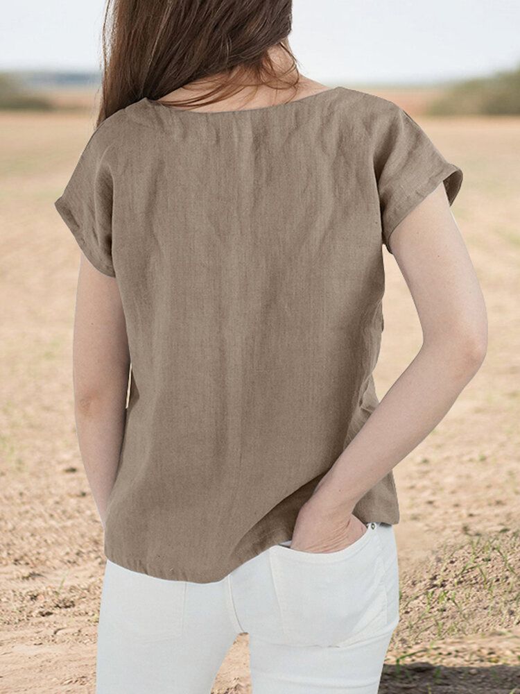 Cotton V Neck Short Sleeve Casual Blouse-Navy