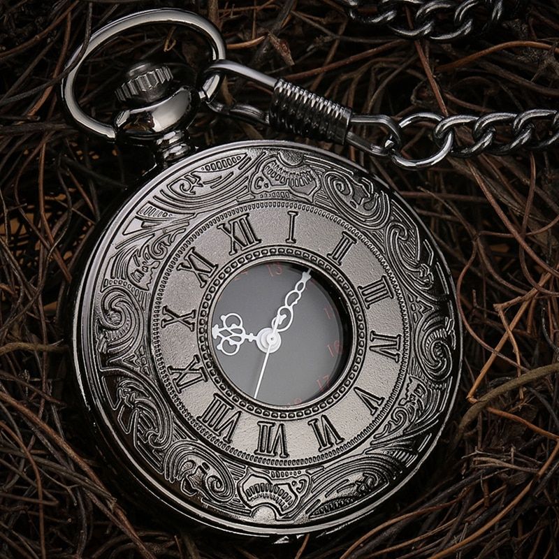 Black Roman Numerals Quartz Pocket Watch Men Women