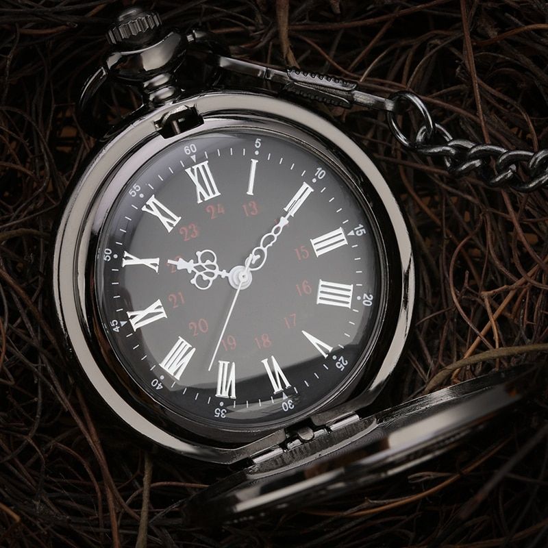 Black Roman Numerals Quartz Pocket Watch Men Women