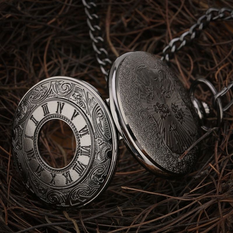 Black Roman Numerals Quartz Pocket Watch Men Women