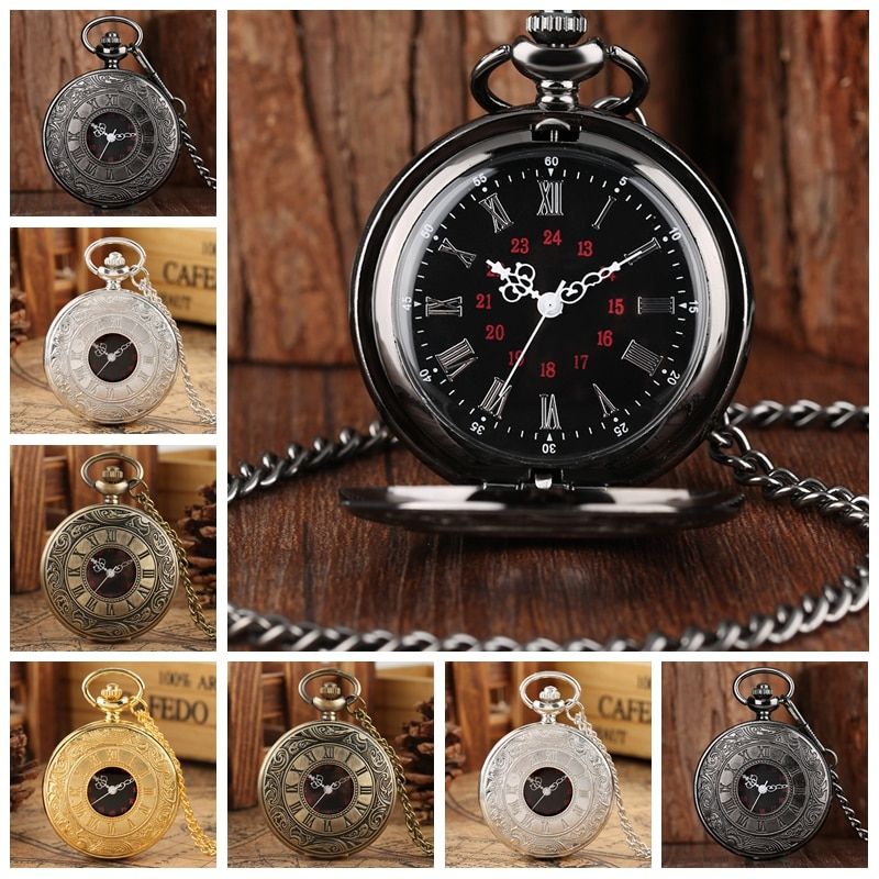 Black Roman Numerals Quartz Pocket Watch Men Women