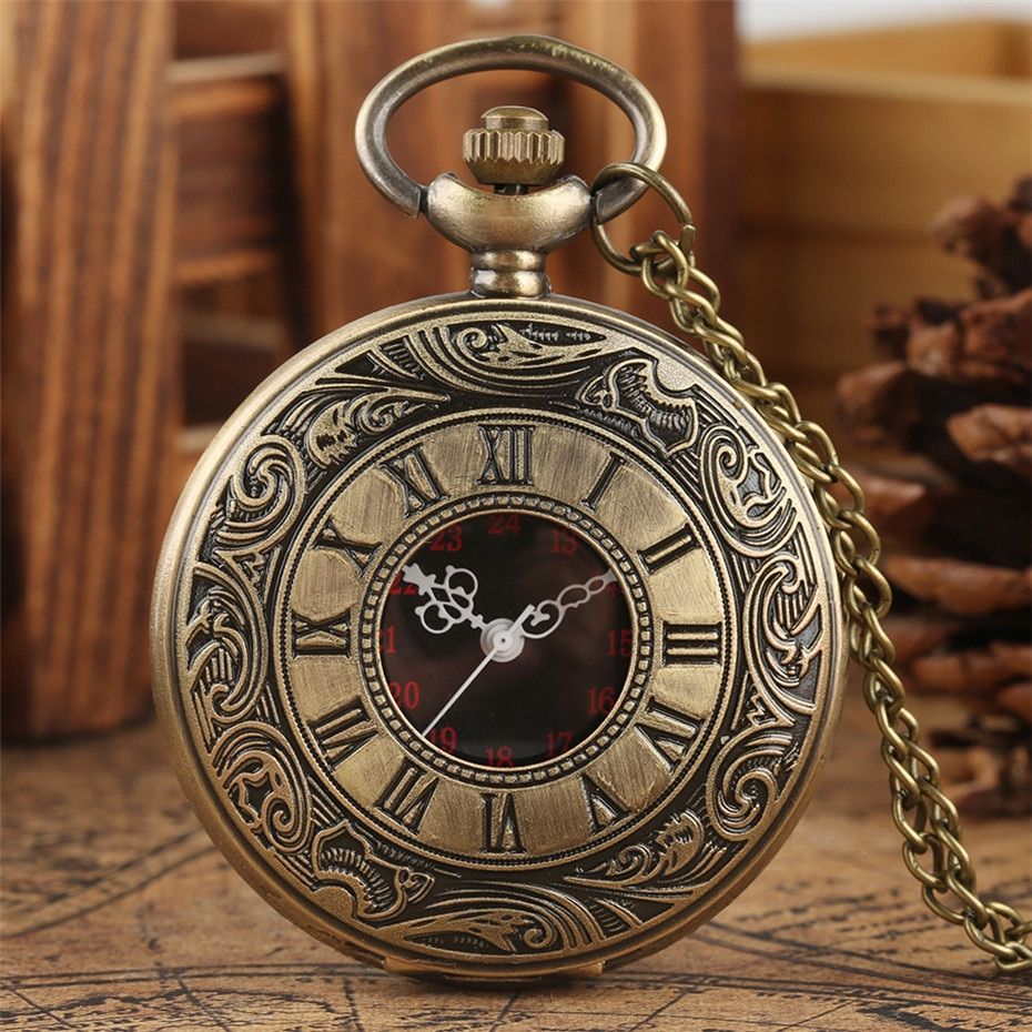 Black Roman Numerals Quartz Pocket Watch Men Women