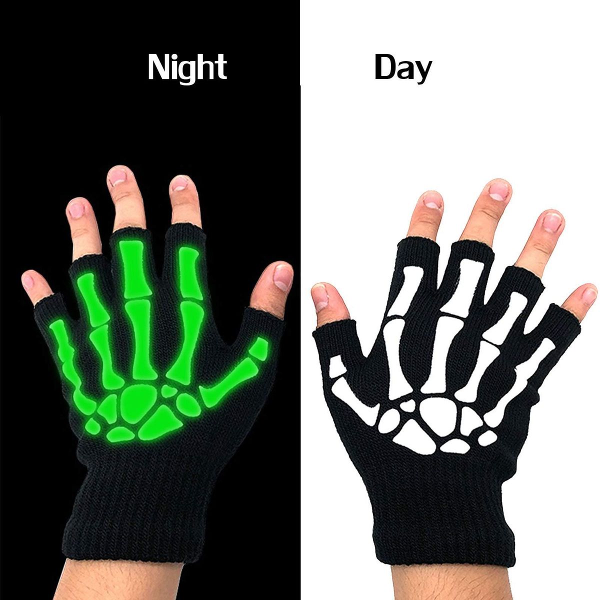 Skeleton Gloves Stretchy Fingerless Hand Warmer Skeleton Pattern Gloves Winter Warm Luminous Gloves and Skull Face Mask Black