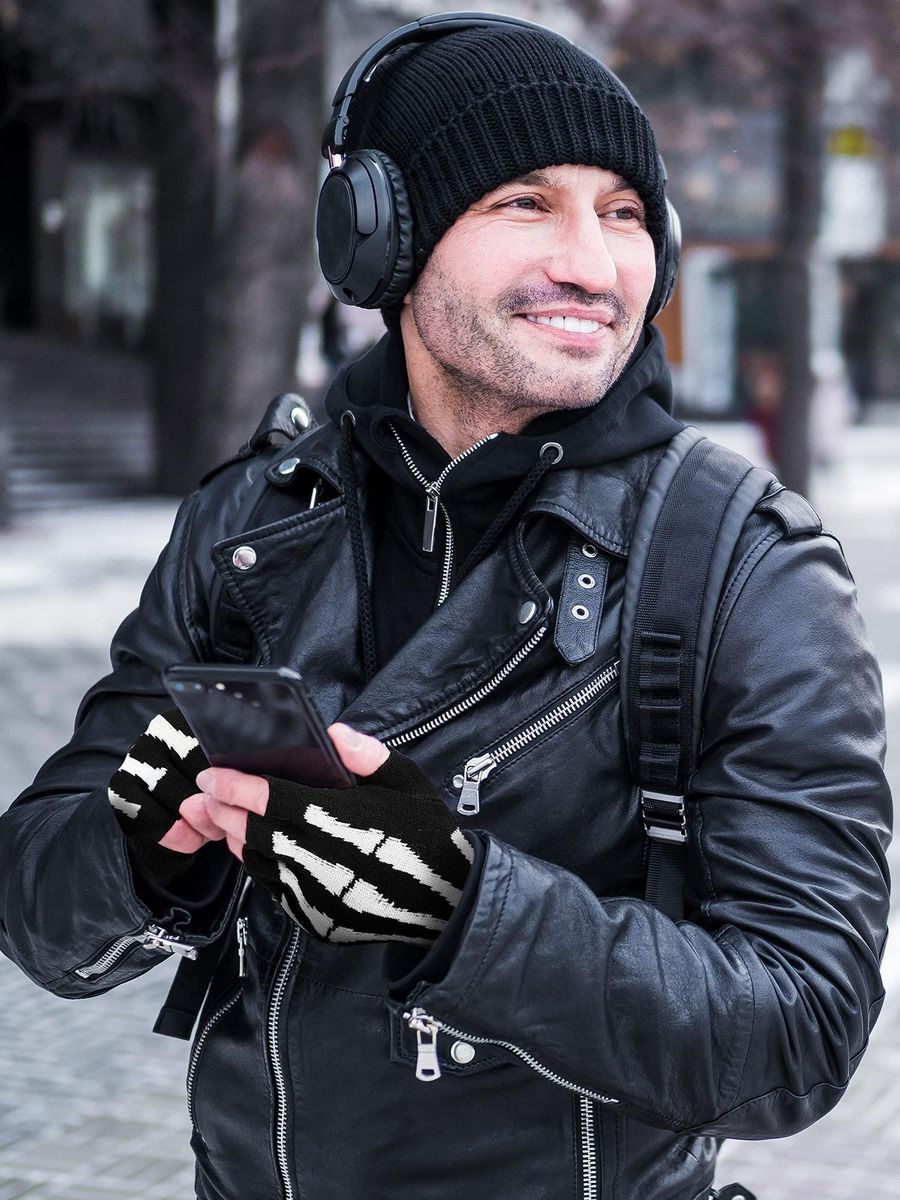 Skeleton Gloves Stretchy Fingerless Hand Warmer Skeleton Pattern Gloves Winter Warm Luminous Gloves and Skull Face Mask Black