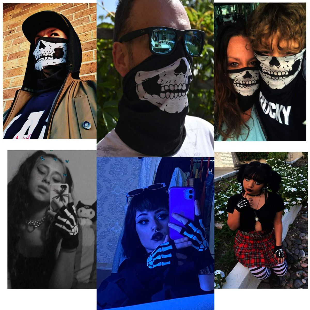 Skeleton Gloves Stretchy Fingerless Hand Warmer Skeleton Pattern Gloves Winter Warm Luminous Gloves and Skull Face Mask Black