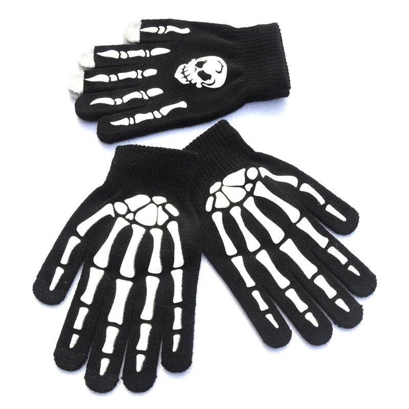 Skeleton Gloves Stretchy Fingerless Hand Warmer Skeleton Pattern Gloves Winter Warm Luminous Gloves and Skull Face Mask Black