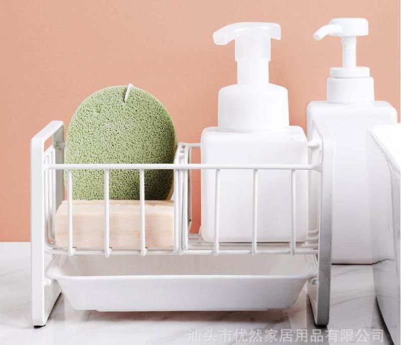 Sink Sponge Holder Iron Soap Dispenser Organizer Rack (Grey)