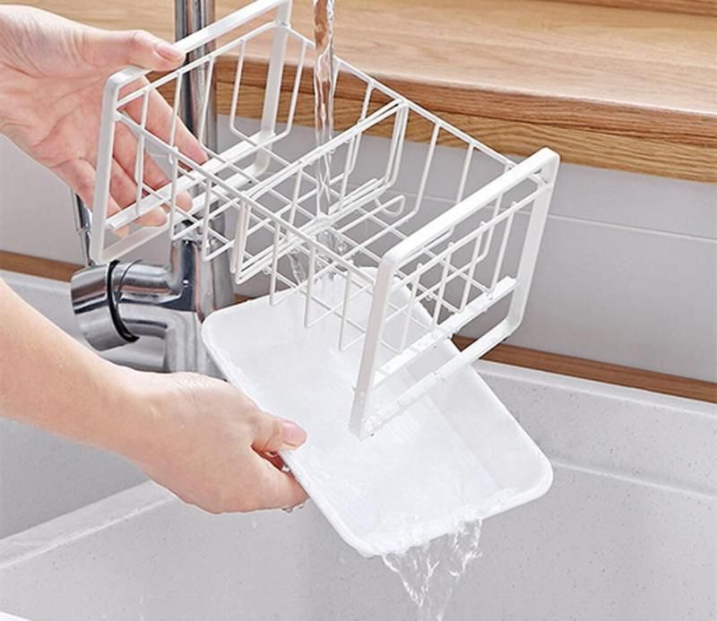 Sink Sponge Holder Iron Soap Dispenser Organizer Rack (Grey)