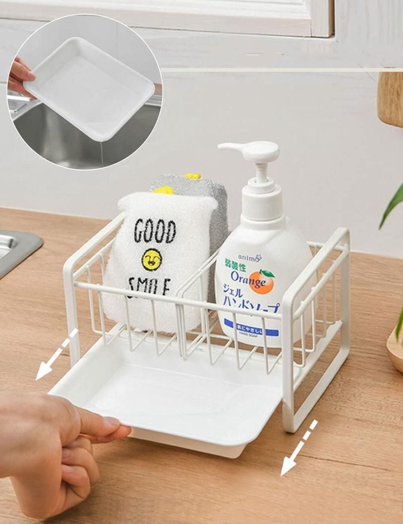 Sink Sponge Holder Iron Soap Dispenser Organizer Rack (Grey)
