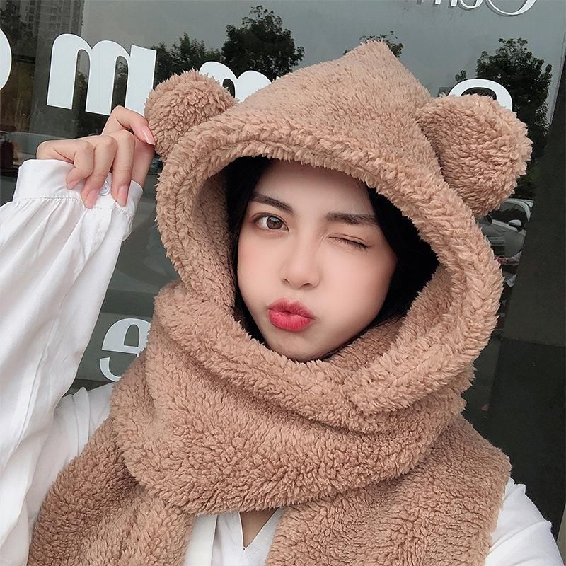 New Cute Bear Ear Hat Scarf Gloves Set Winter Women Beanies Caps Warm Casual Plush Hats Casual Solid Fleece Girl Kawaii Present