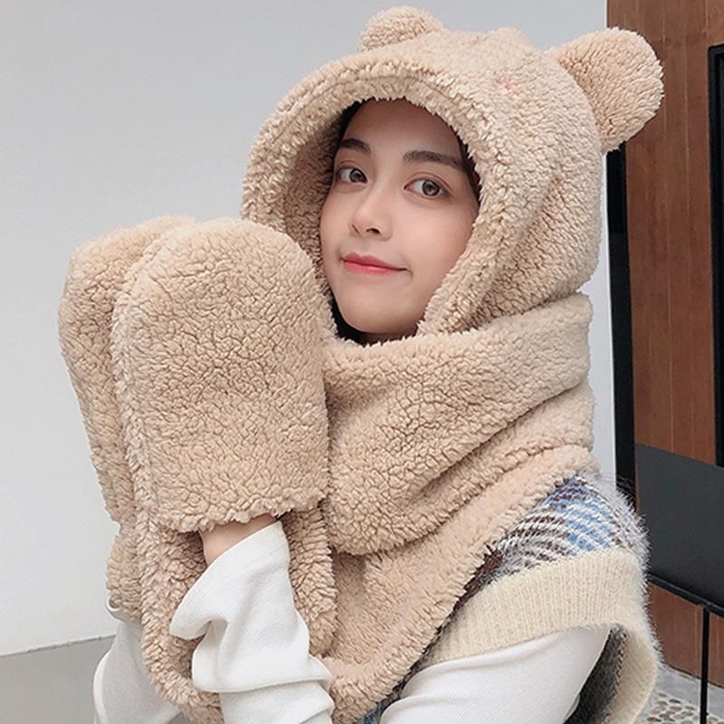 New Cute Bear Ear Hat Scarf Gloves Set Winter Women Beanies Caps Warm Casual Plush Hats Casual Solid Fleece Girl Kawaii Present