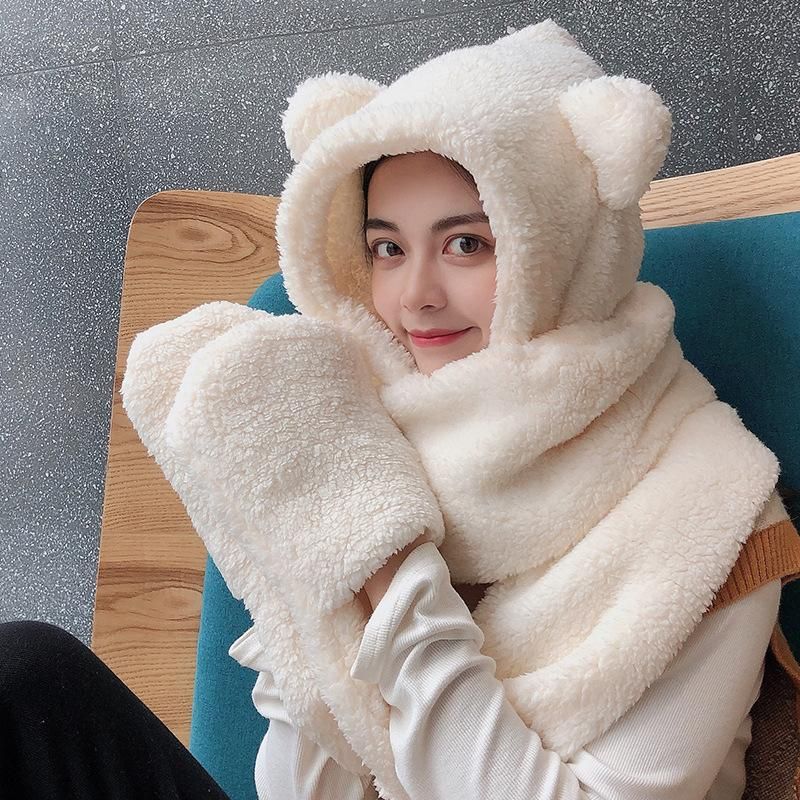 New Cute Bear Ear Hat Scarf Gloves Set Winter Women Beanies Caps Warm Casual Plush Hats Casual Solid Fleece Girl Kawaii Present