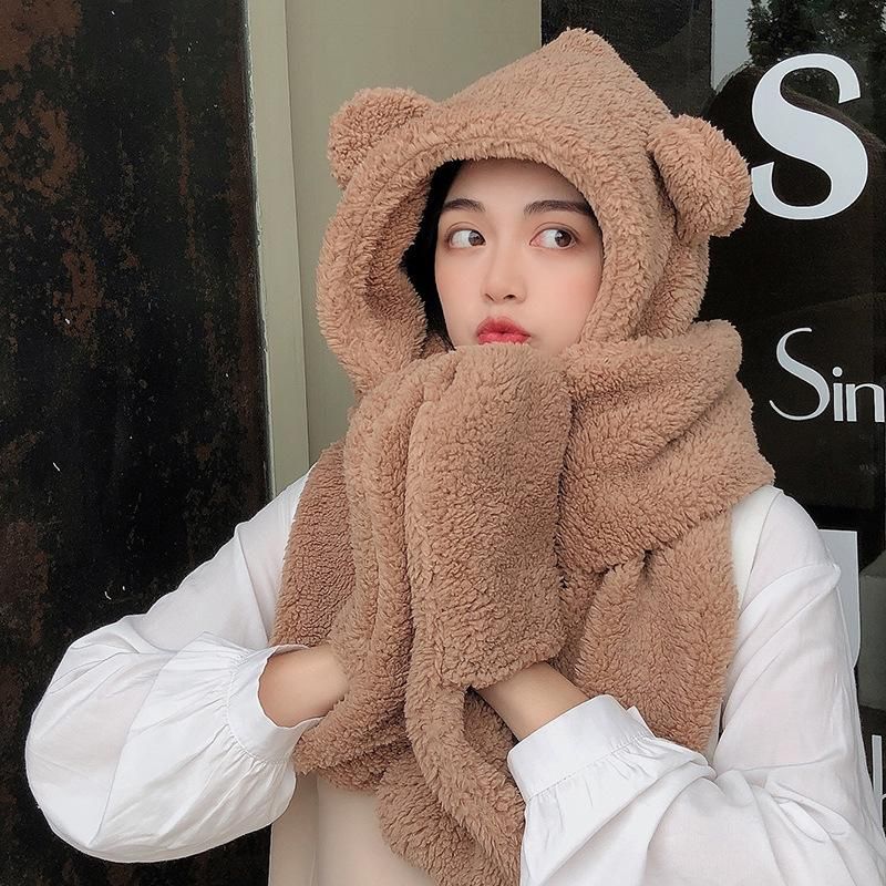 New Cute Bear Ear Hat Scarf Gloves Set Winter Women Beanies Caps Warm Casual Plush Hats Casual Solid Fleece Girl Kawaii Present