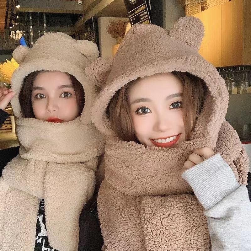 New Cute Bear Ear Hat Scarf Gloves Set Winter Women Beanies Caps Warm Casual Plush Hats Casual Solid Fleece Girl Kawaii Present