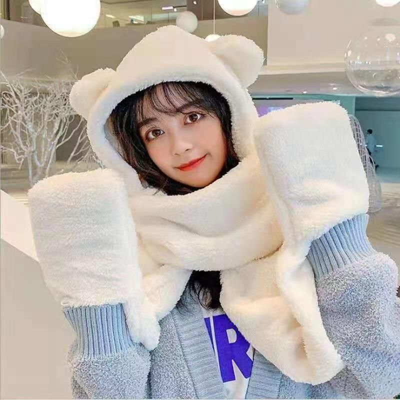 New Cute Bear Ear Hat Scarf Gloves Set Winter Women Beanies Caps Warm Casual Plush Hats Casual Solid Fleece Girl Kawaii Present