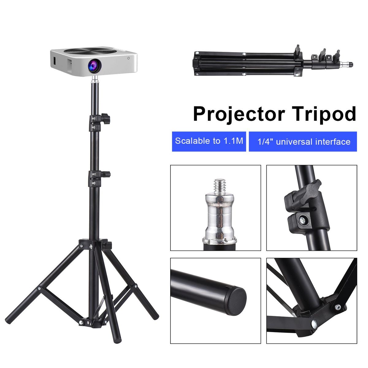 Universal Projector Tripod Stand Stretchable Projector Bracket Aluminum Alloy Portable Holder 1/4'' Interface Adjustable Height for LCD Projector