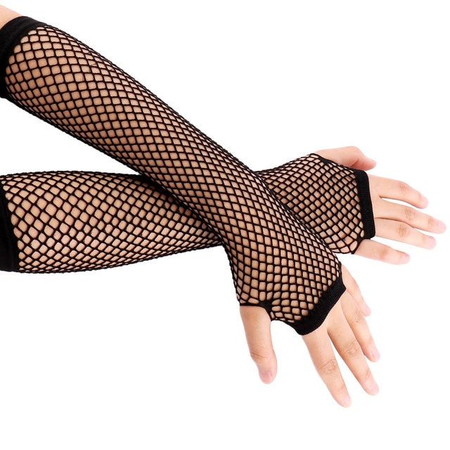Gothic Punk Black Fishnet Long Fingerless Gloves For Women