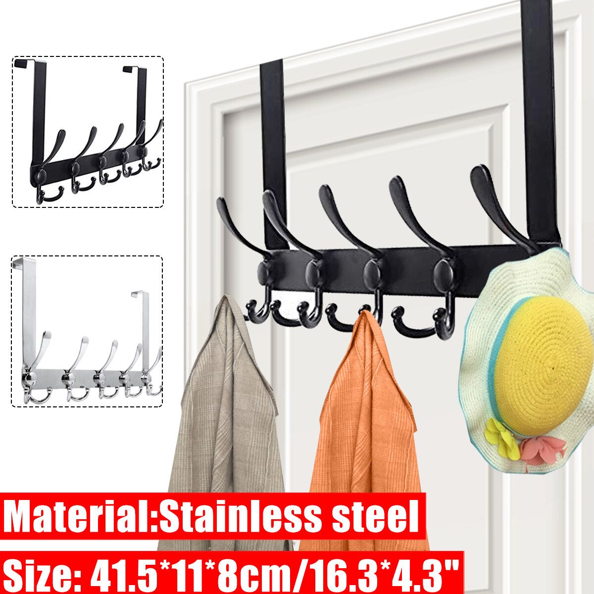 5 Hooks Stainless Steel Clothes Door Bathroom Hanger Hanging Loop -- Black / Silver Silver