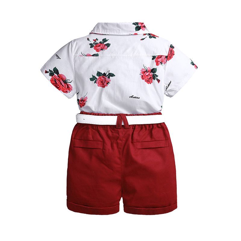 Summer Children's Printed Shirt Casual Shorts Suit Belt