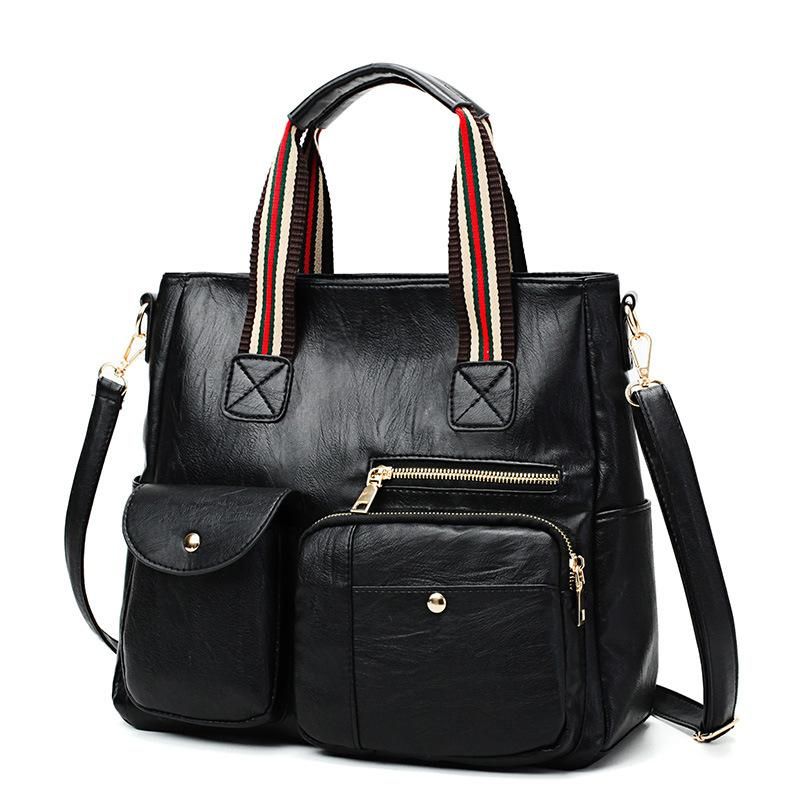 Handbag handbag star Reba same style soft leather retro tote bag fashion contrast color webbing shoulder bag large capacity trendy black