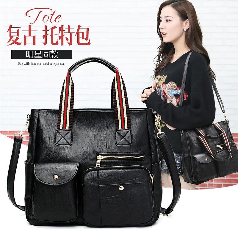 Handbag handbag star Reba same style soft leather retro tote bag fashion contrast color webbing shoulder bag large capacity trendy black