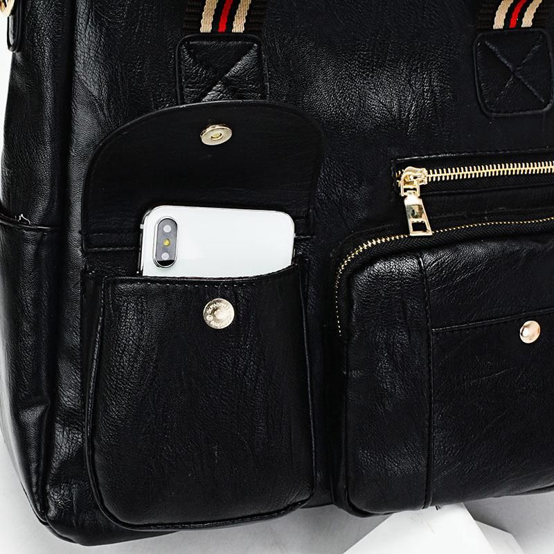 Handbag handbag star Reba same style soft leather retro tote bag fashion contrast color webbing shoulder bag large capacity trendy black