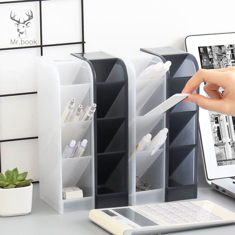 2 PCS Multi-function 4 Grid Desktop Pen Holder Office School Storage Case Clear Plastic Box Desk Pencil Organizer(Grey)