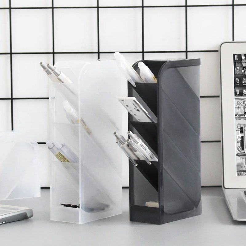 2 PCS Multi-function 4 Grid Desktop Pen Holder Office School Storage Case Clear Plastic Box Desk Pencil Organizer(Grey)