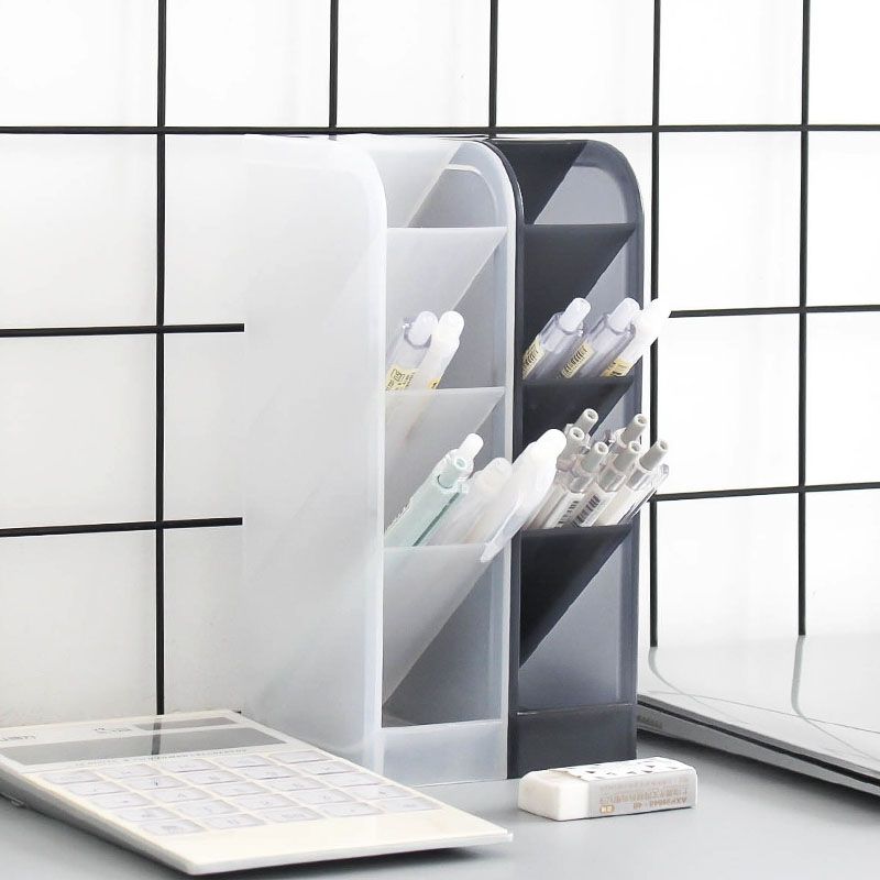 2 PCS Multi-function 4 Grid Desktop Pen Holder Office School Storage Case Clear Plastic Box Desk Pencil Organizer(Grey)