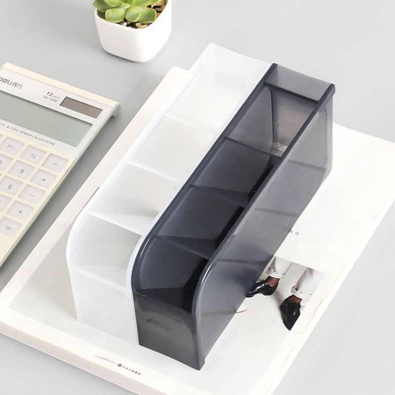 2 PCS Multi-function 4 Grid Desktop Pen Holder Office School Storage Case Clear Plastic Box Desk Pencil Organizer(Grey)