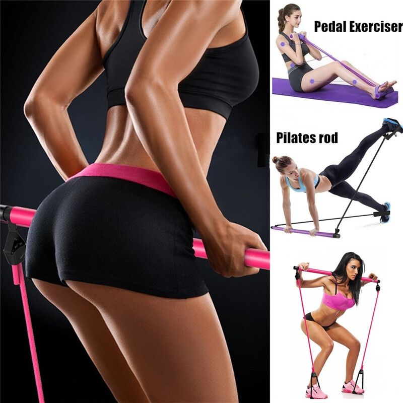 Exercise Resistance Band Yoga Stick Pilates Bar Kit Muscle Toning Stretch Rope Gym Trainer Portable With 2 Foot Loop For Total Body Workout Home Purple