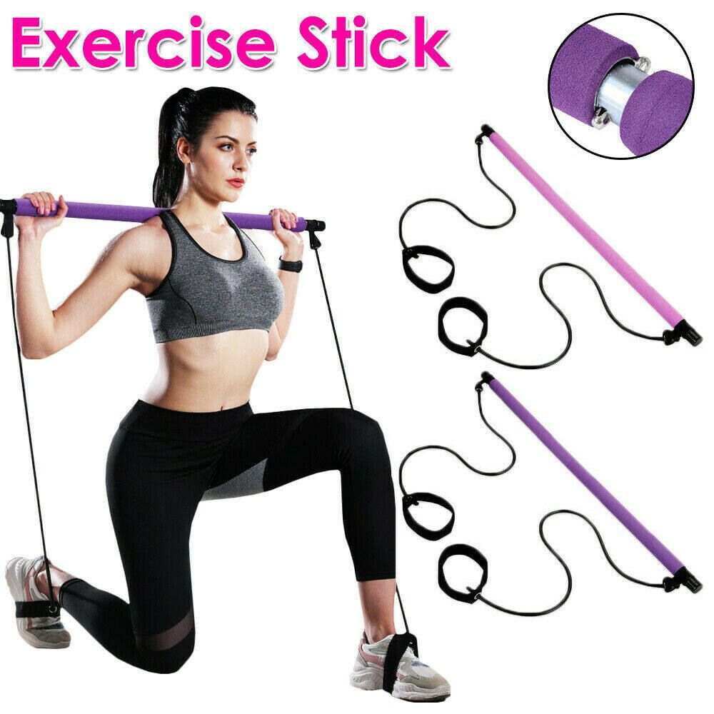 Exercise Resistance Band Yoga Stick Pilates Bar Kit Muscle Toning Stretch Rope Gym Trainer Portable With 2 Foot Loop For Total Body Workout Home Purple