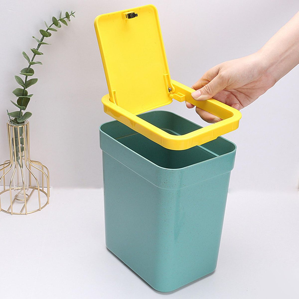 Desktop Trash Bin Pressing Type Rubbish Bucket Garbage Bag Holder Yellow and Green