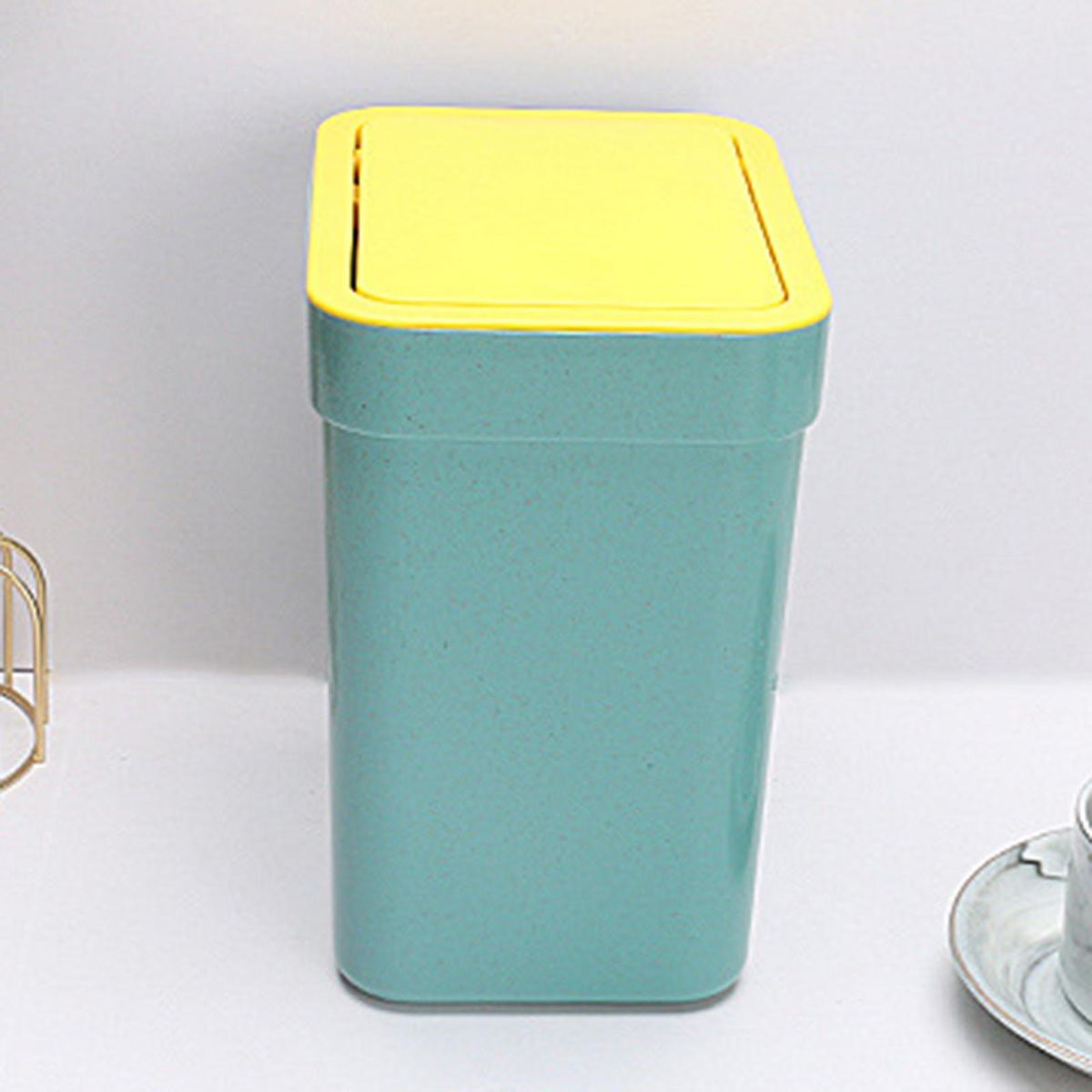 Desktop Trash Bin Pressing Type Rubbish Bucket Garbage Bag Holder Yellow and Green