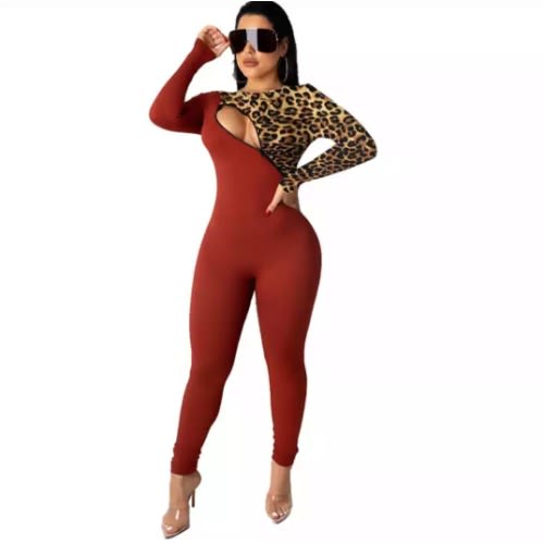 Leopard Print Patch Work Long Sleeve Jumpsuit