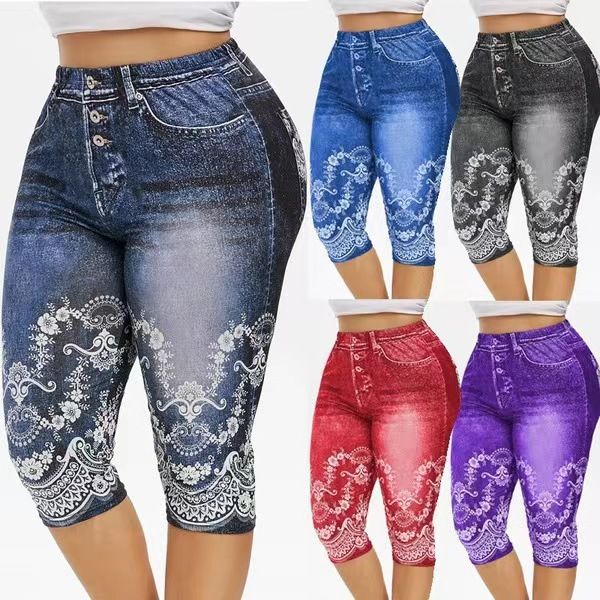 {MijaGrace} Women's Fashion Denim 3/4 Yoga Pants - Dark Blue
