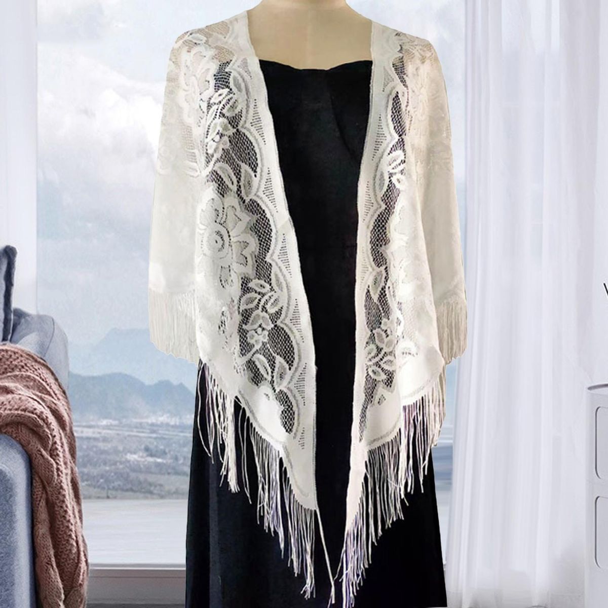 Lace Shawl Summer Beach Sunscreen Scarf Shawl White