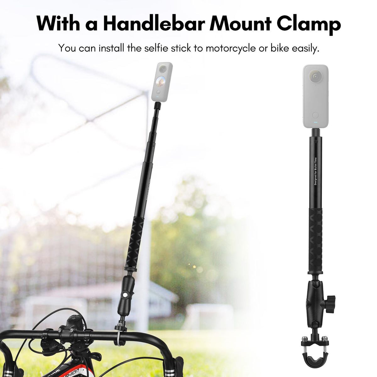 Motorcycle Bike Invisible Selfie Stick Handlebar Mount Bracket 28cm-115cm Adjustable Length with 1/4 Inch Screw Flexible Handlebar Mount Clamp for Insta360 ONE X/ ONE/ EVO Camera
