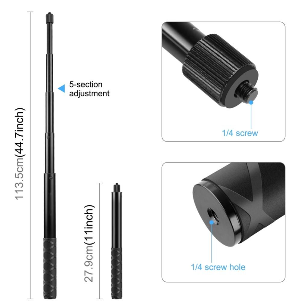PULUZ PU817 Motorcycle Bike Selfie Stick Handlebar Mount Camera Bracket 27.9cm-113.5cm Adjustable Length with 1/4 Inch Screw & Sports Camera Mount Adapter Replacement for GoPro Hero 11/10/9/8 Insta360 ONE X/ ONE/ EVO