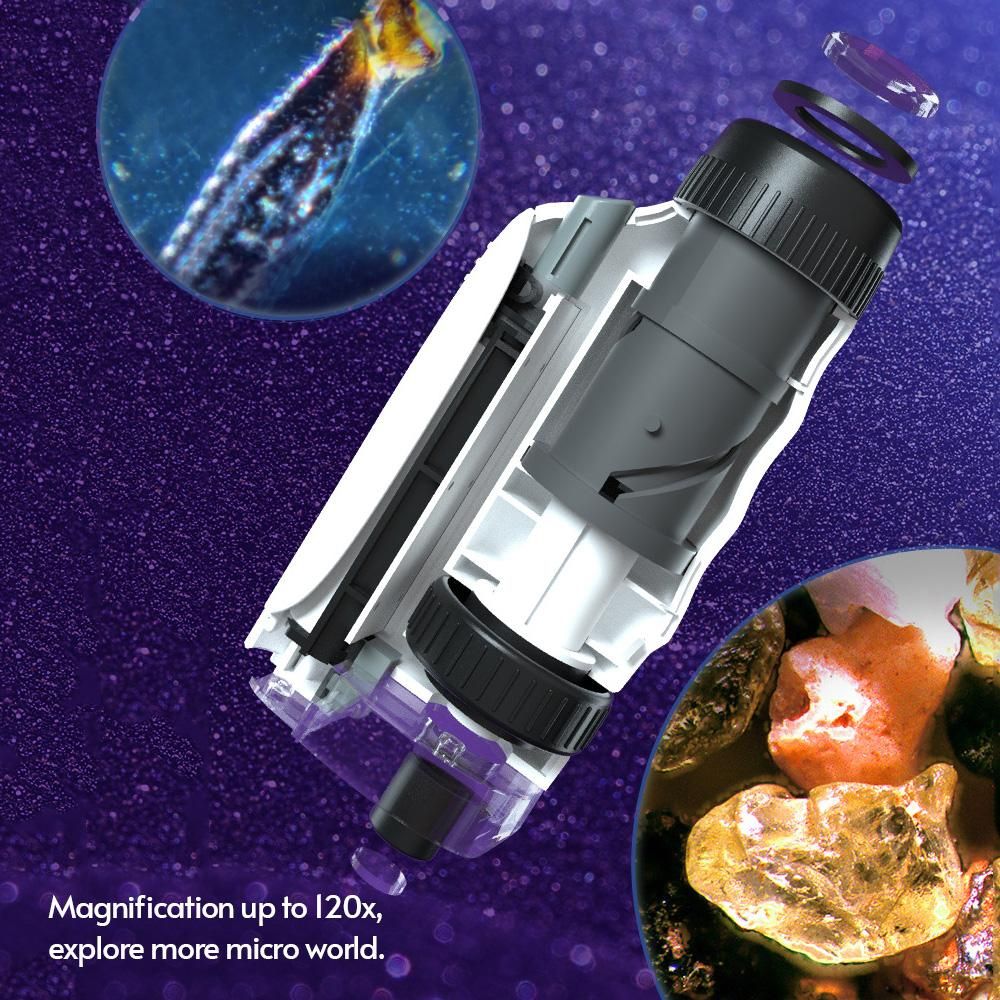 Portable Mini Microscope Pocket Microscope 60x-120x Magnification with Removable Base Cellphone Support for Kids Students Learning Toys