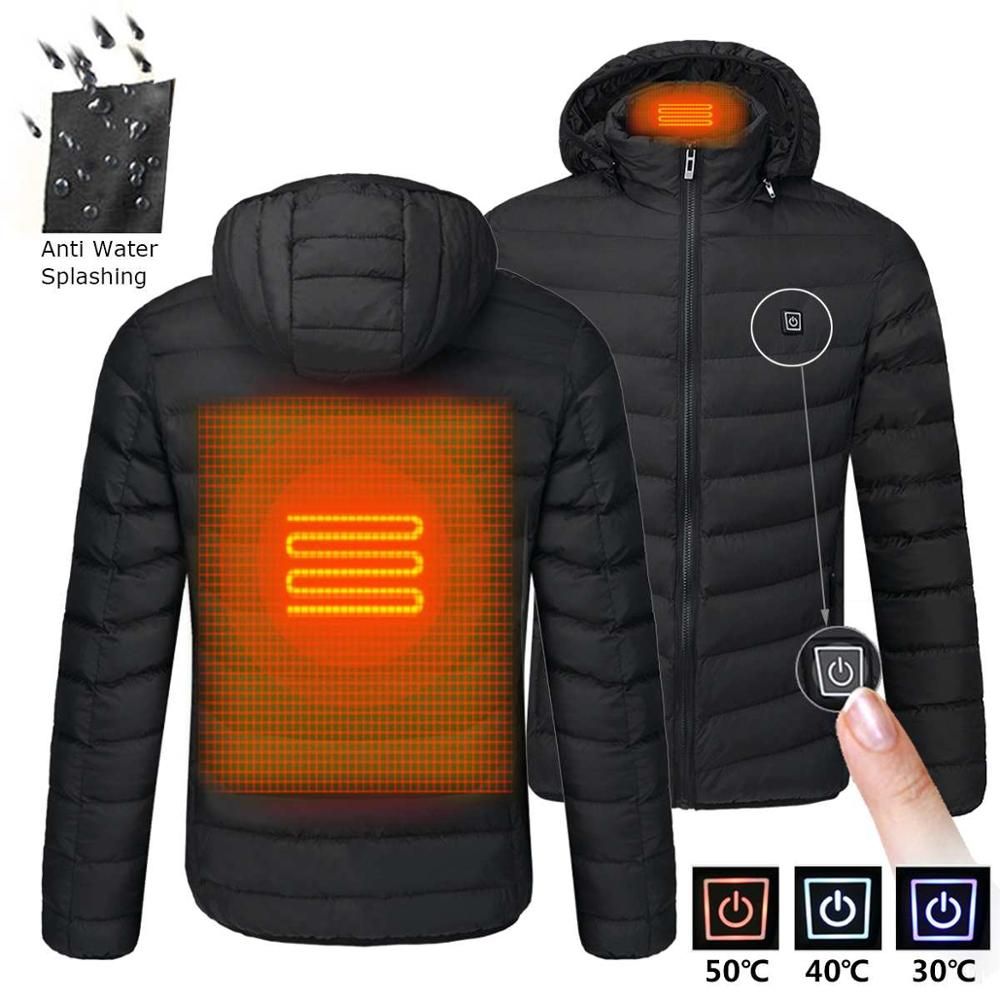 Winter Warm USB Heating Jackets Smart Thermostat Pure Color Hooded - Black