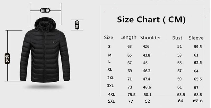 Winter Warm USB Heating Jackets Smart Thermostat Pure Color Hooded - Black