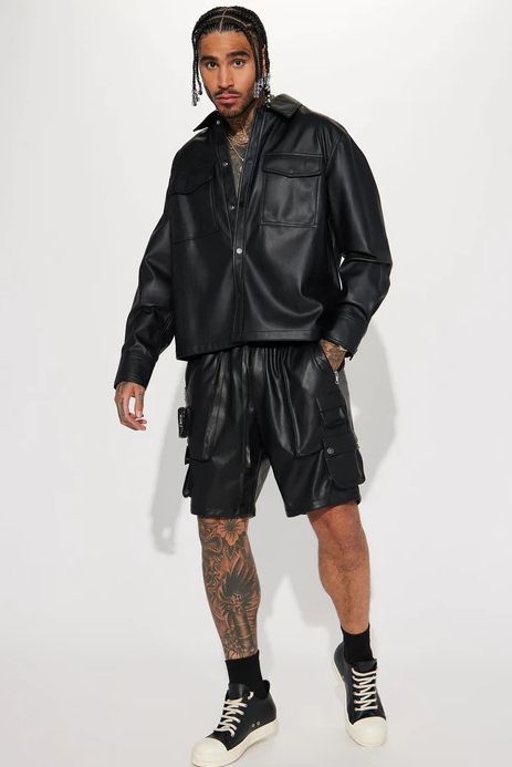 Night Out Faux Leather Shacket With Short - Black