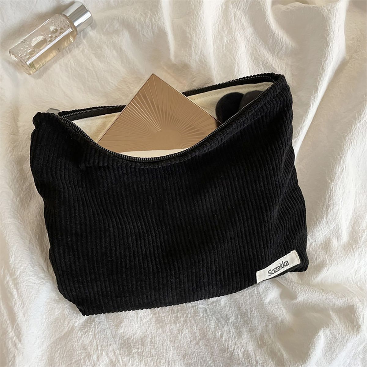 Coin Purse Women Portable Corduroy Makeup Organizer Black
