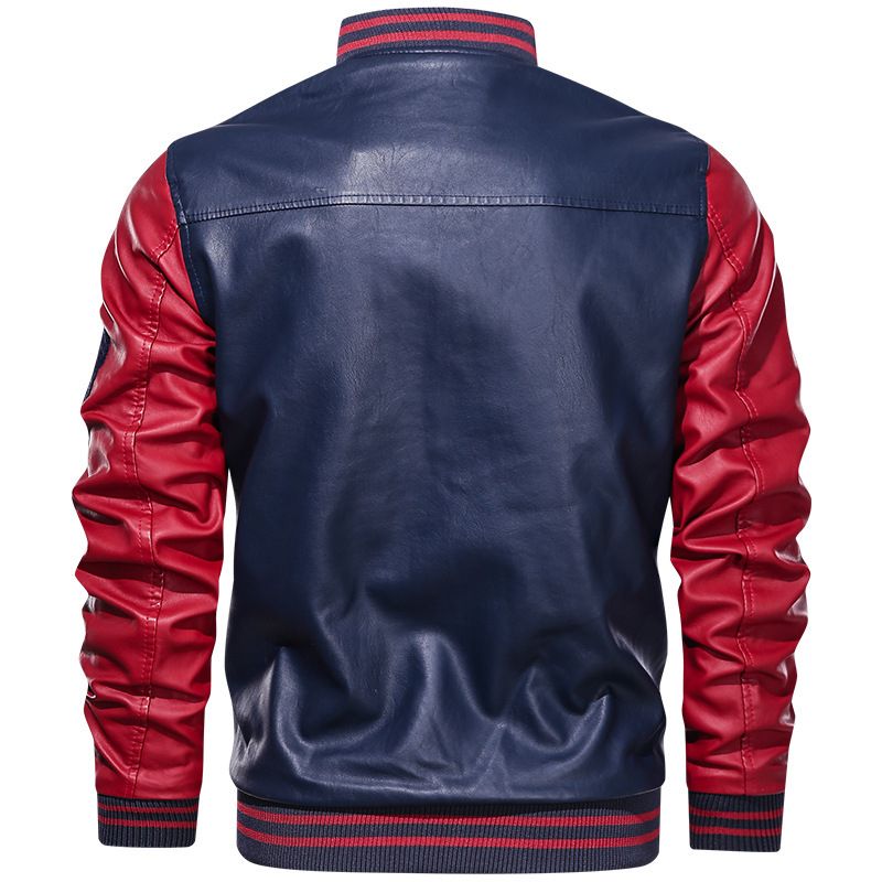 Men's Faux Leather Jacket - Casual Weather Jacket -Dark Blue/Red
