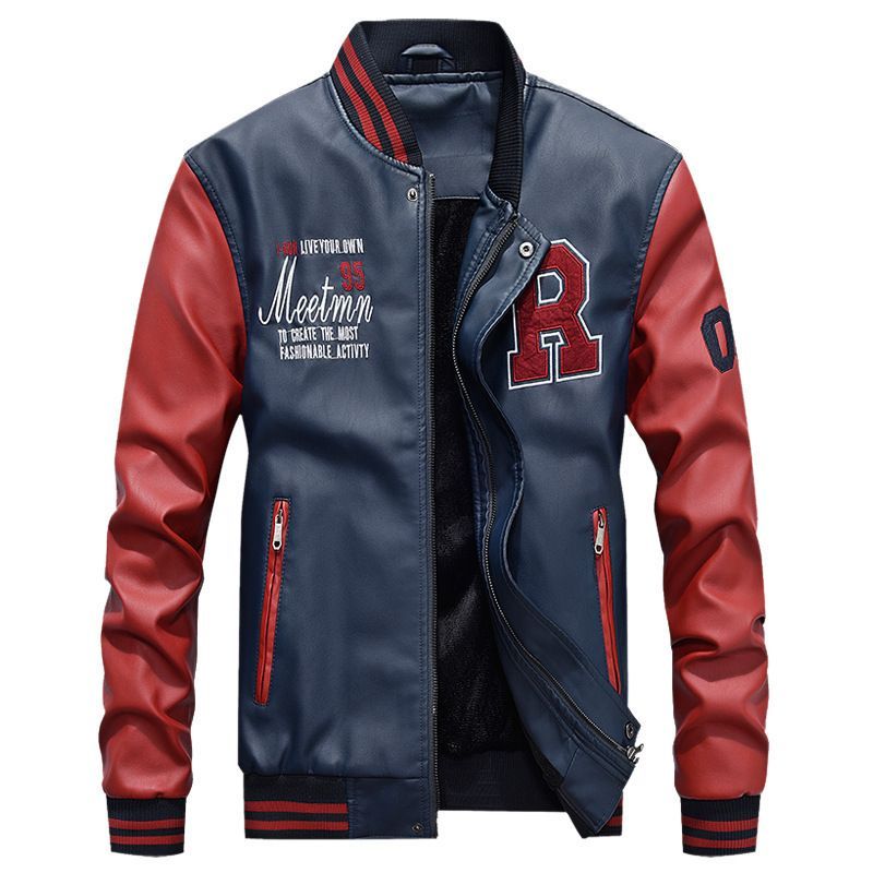 Men's Faux Leather Jacket - Casual Weather Jacket -Dark Blue/Red